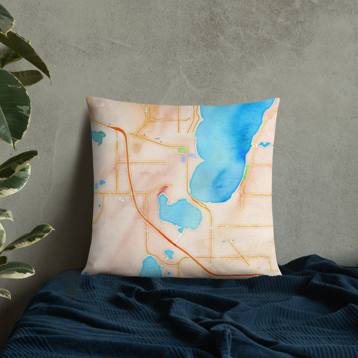 Custom Bemidji Minnesota Map Throw Pillow in Watercolor on Bedding Against Wall