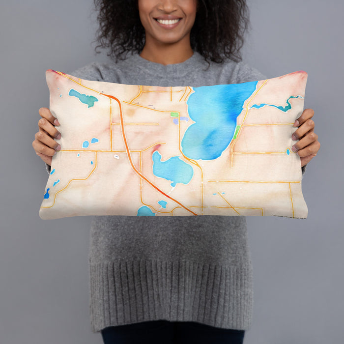 Person holding 20x12 Custom Bemidji Minnesota Map Throw Pillow in Watercolor