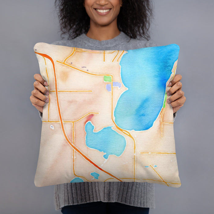 Person holding 18x18 Custom Bemidji Minnesota Map Throw Pillow in Watercolor