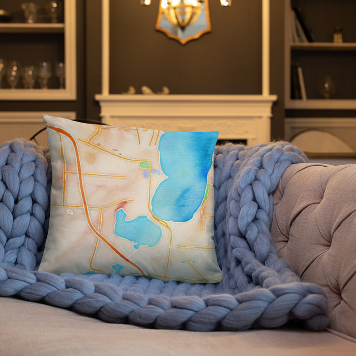 Custom Bemidji Minnesota Map Throw Pillow in Watercolor on Cream Colored Couch