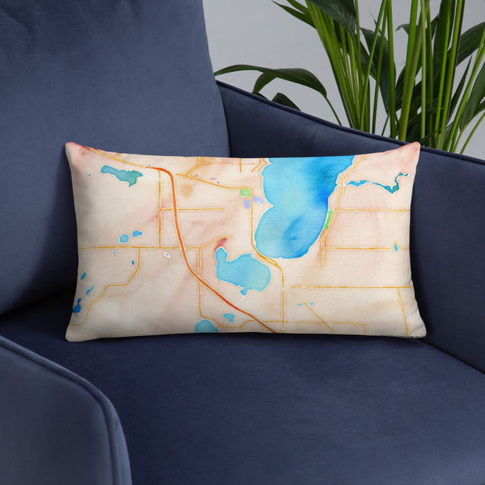 Custom Bemidji Minnesota Map Throw Pillow in Watercolor on Blue Colored Chair