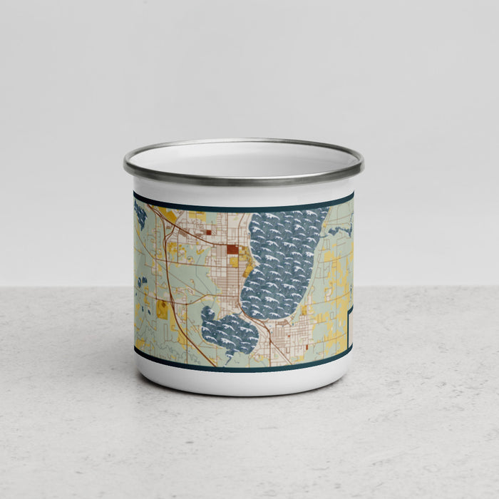 Front View Custom Bemidji Minnesota Map Enamel Mug in Woodblock