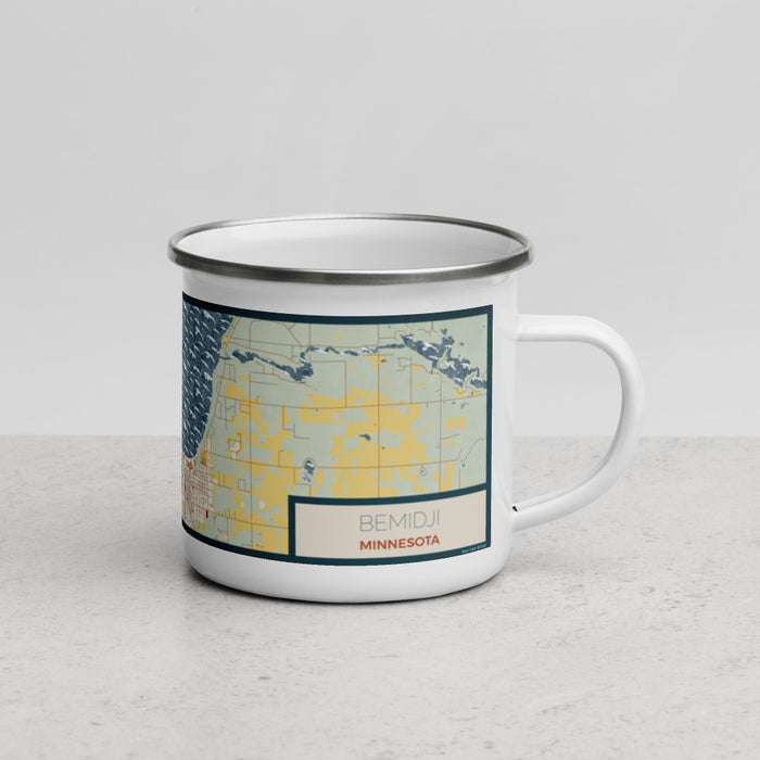 Right View Custom Bemidji Minnesota Map Enamel Mug in Woodblock