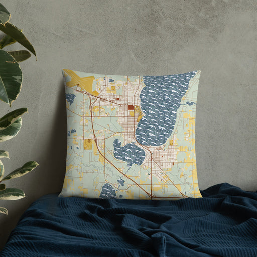 Custom Bemidji Minnesota Map Throw Pillow in Woodblock on Bedding Against Wall