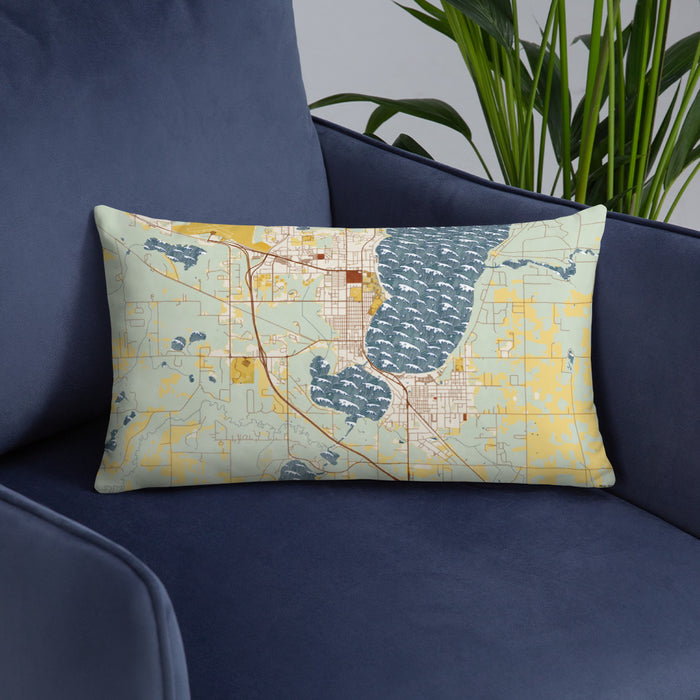 Custom Bemidji Minnesota Map Throw Pillow in Woodblock on Blue Colored Chair