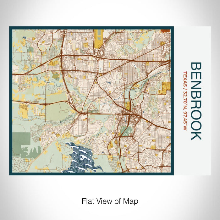 Rendered View of Benbrook Texas Map on 20oz Stainless Steel Insulated Bottle with Bamboo Top with printed woodblock style map