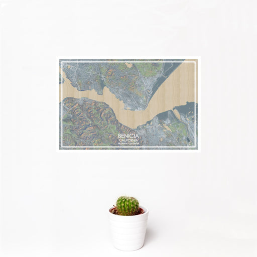 12x18 Benicia California Map Print Landscape Orientation in Afternoon Style With Small Cactus Plant in White Planter