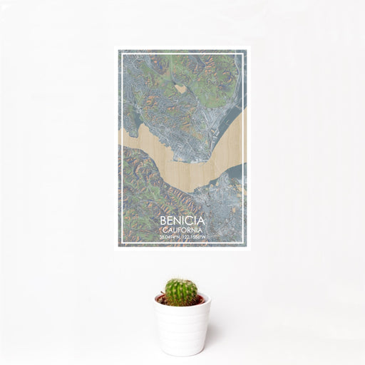 12x18 Benicia California Map Print Portrait Orientation in Afternoon Style With Small Cactus Plant in White Planter