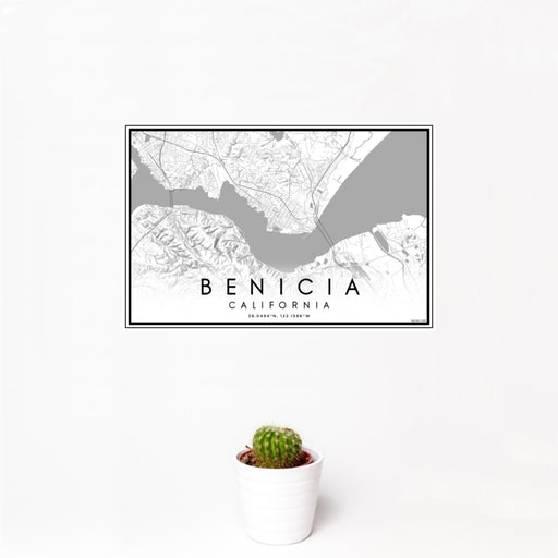 12x18 Benicia California Map Print Landscape Orientation in Classic Style With Small Cactus Plant in White Planter