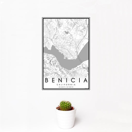 12x18 Benicia California Map Print Portrait Orientation in Classic Style With Small Cactus Plant in White Planter
