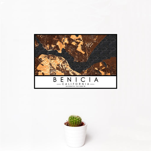 12x18 Benicia California Map Print Landscape Orientation in Ember Style With Small Cactus Plant in White Planter