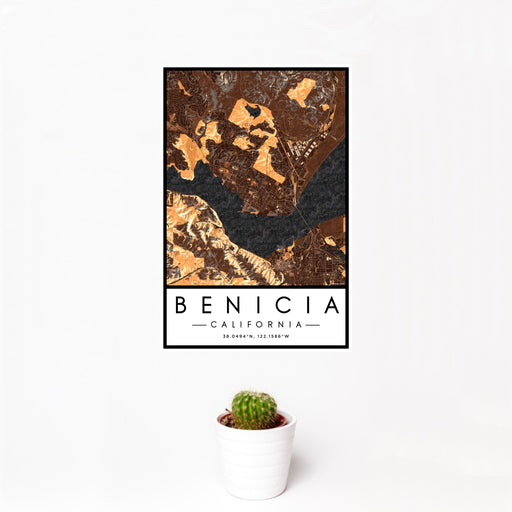 12x18 Benicia California Map Print Portrait Orientation in Ember Style With Small Cactus Plant in White Planter