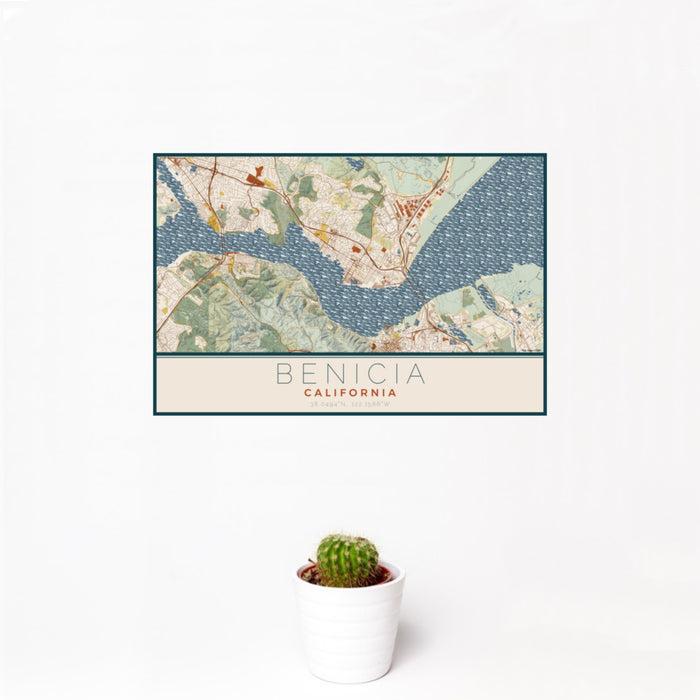 12x18 Benicia California Map Print Landscape Orientation in Woodblock Style With Small Cactus Plant in White Planter