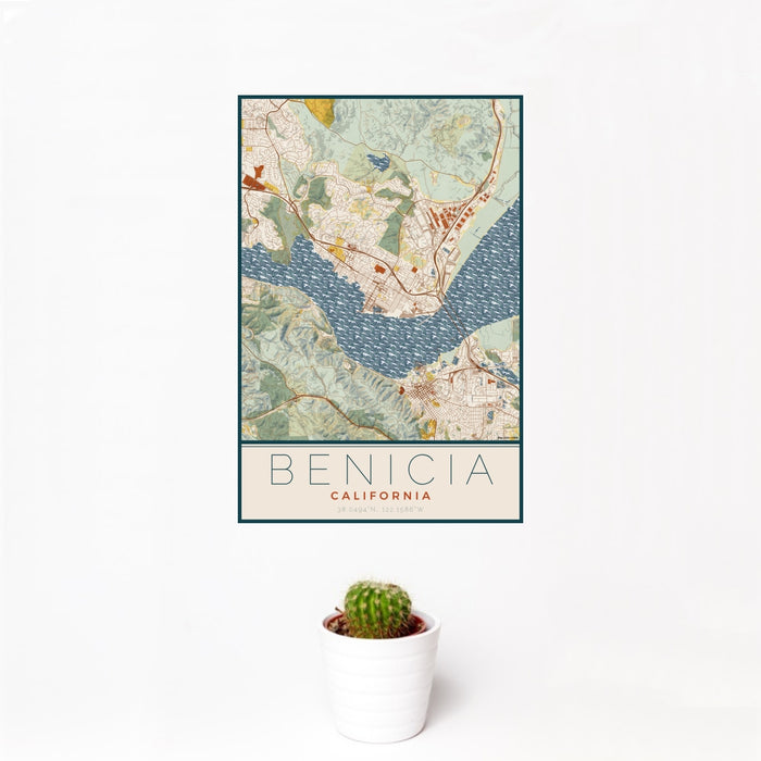 12x18 Benicia California Map Print Portrait Orientation in Woodblock Style With Small Cactus Plant in White Planter