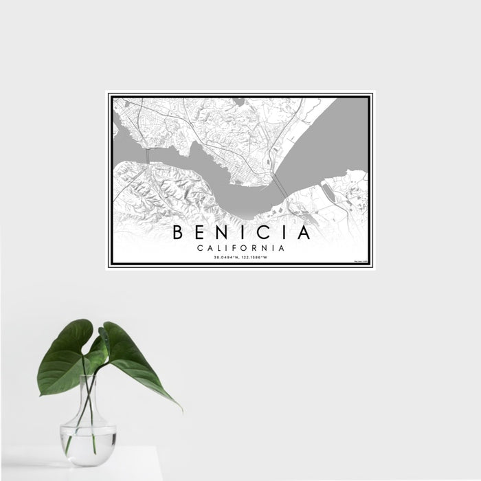 16x24 Benicia California Map Print Landscape Orientation in Classic Style With Tropical Plant Leaves in Water