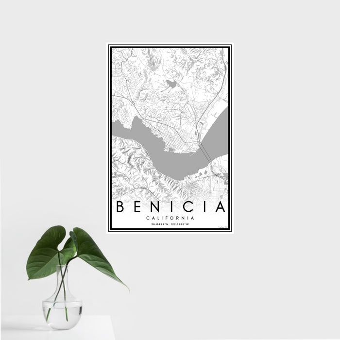 16x24 Benicia California Map Print Portrait Orientation in Classic Style With Tropical Plant Leaves in Water