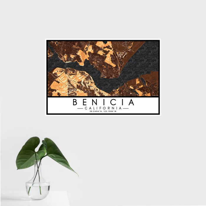 16x24 Benicia California Map Print Landscape Orientation in Ember Style With Tropical Plant Leaves in Water