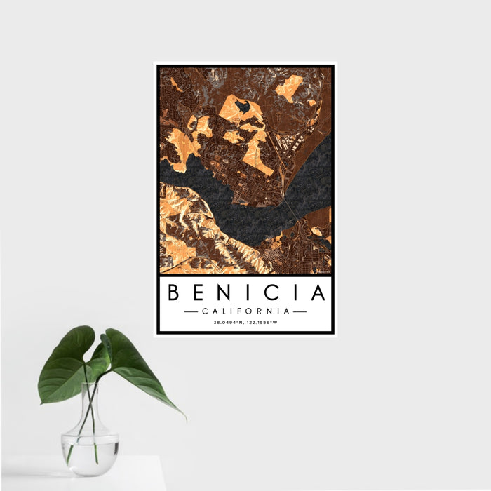 16x24 Benicia California Map Print Portrait Orientation in Ember Style With Tropical Plant Leaves in Water