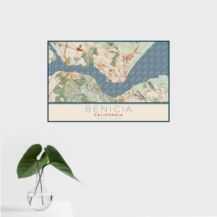 16x24 Benicia California Map Print Landscape Orientation in Woodblock Style With Tropical Plant Leaves in Water