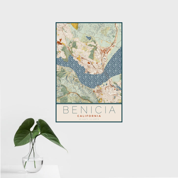 16x24 Benicia California Map Print Portrait Orientation in Woodblock Style With Tropical Plant Leaves in Water