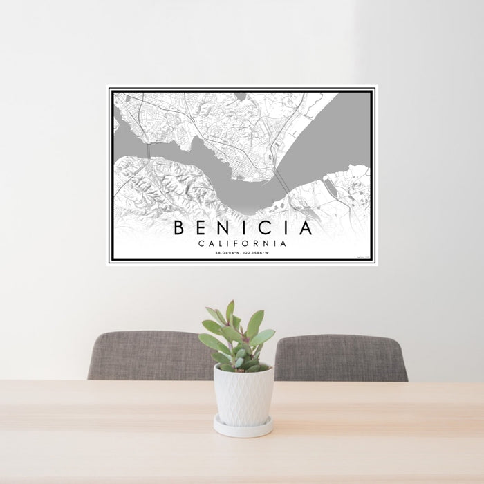 24x36 Benicia California Map Print Lanscape Orientation in Classic Style Behind 2 Chairs Table and Potted Plant