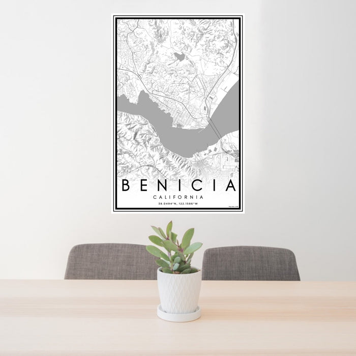 24x36 Benicia California Map Print Portrait Orientation in Classic Style Behind 2 Chairs Table and Potted Plant