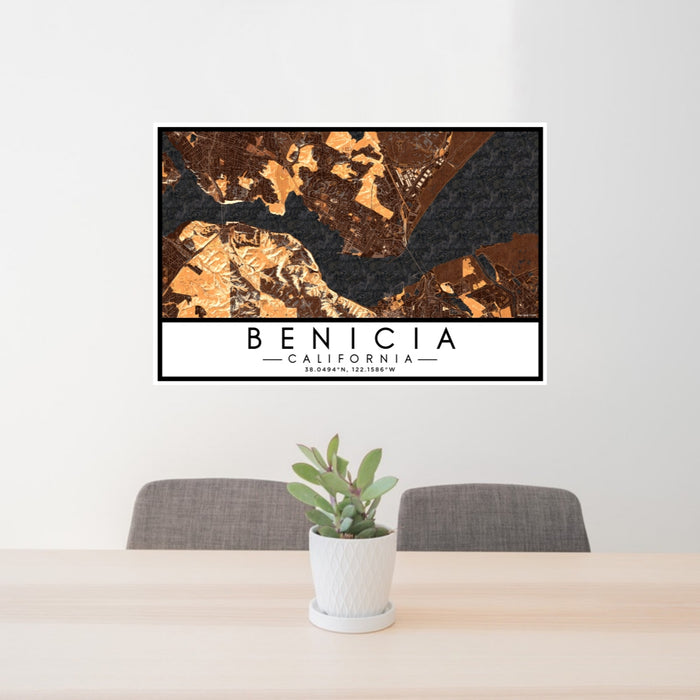 24x36 Benicia California Map Print Lanscape Orientation in Ember Style Behind 2 Chairs Table and Potted Plant