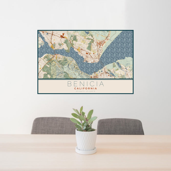 24x36 Benicia California Map Print Lanscape Orientation in Woodblock Style Behind 2 Chairs Table and Potted Plant