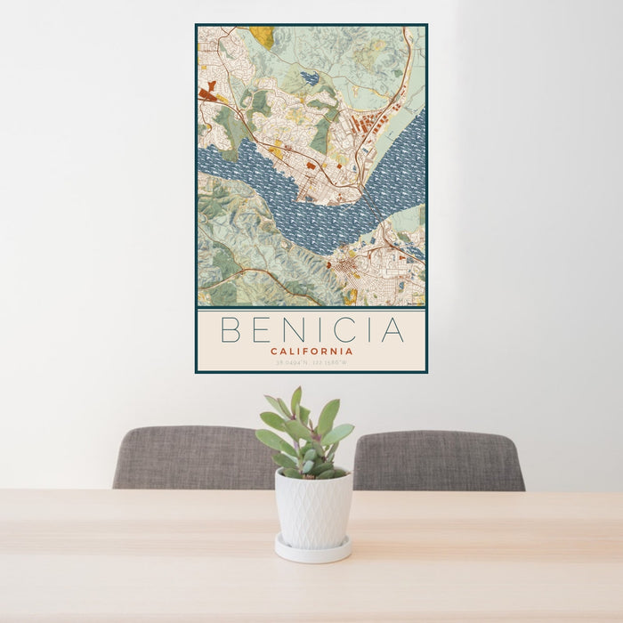 24x36 Benicia California Map Print Portrait Orientation in Woodblock Style Behind 2 Chairs Table and Potted Plant