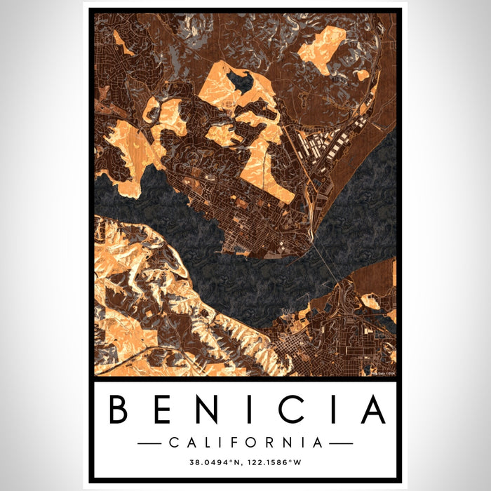 Benicia California Map Print Portrait Orientation in Ember Style With Shaded Background