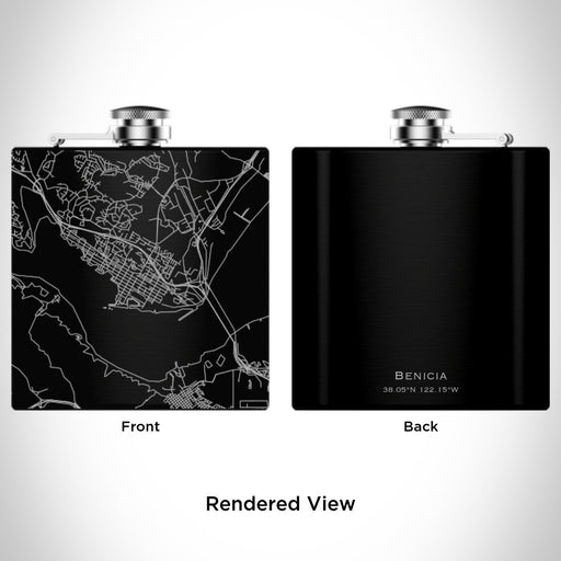 Rendered View of Benicia California Map Engraving on 6oz Stainless Steel Flask in Black