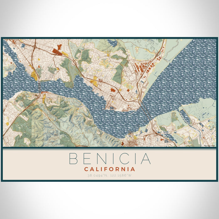 Benicia California Map Print Landscape Orientation in Woodblock Style With Shaded Background