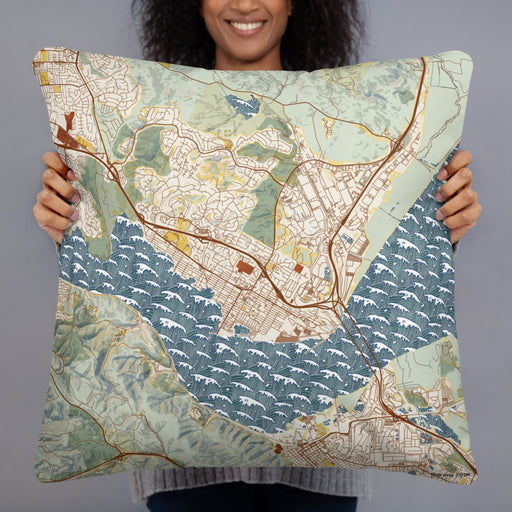 Person holding 22x22 Custom Benicia California Map Throw Pillow in Woodblock
