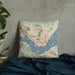 Custom Benicia California Map Throw Pillow in Woodblock on Bedding Against Wall