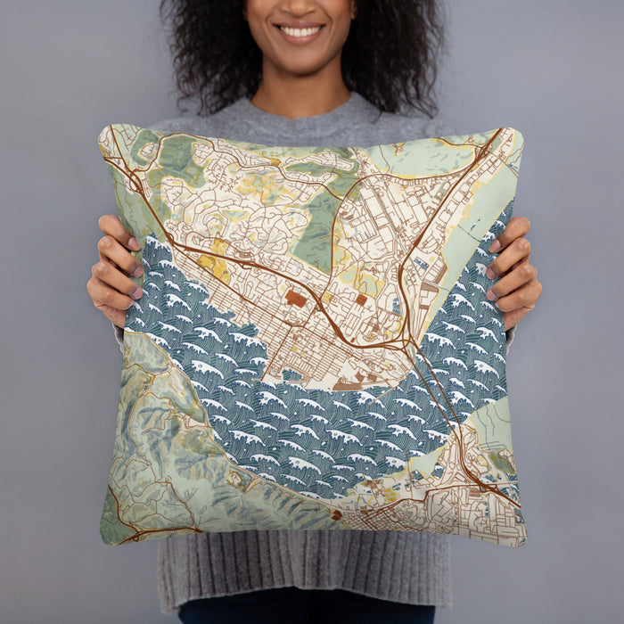 Person holding 18x18 Custom Benicia California Map Throw Pillow in Woodblock