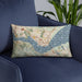 Custom Benicia California Map Throw Pillow in Woodblock on Blue Colored Chair