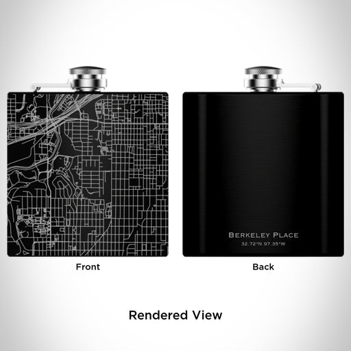 Rendered View of Berkeley Place Fort Worth Map Engraving on 6oz Stainless Steel Flask in Black