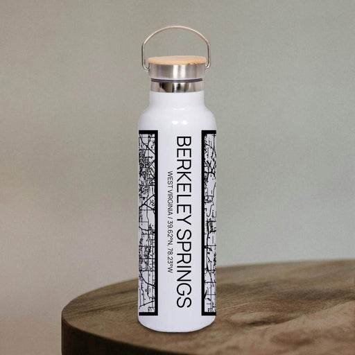 Berkeley Springs West Virginia Custom City Map Inscription Coordinates on 20oz Stainless Steel Insulated Bottle with Bamboo Top in Matte White with printed Tactile Lines Map in Black
