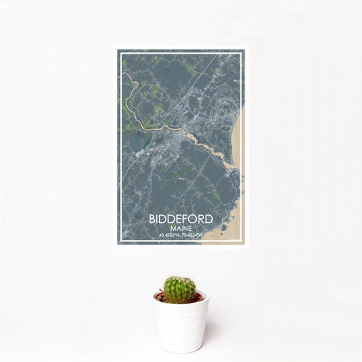 12x18 Biddeford Maine Map Print Portrait Orientation in Afternoon Style With Small Cactus Plant in White Planter