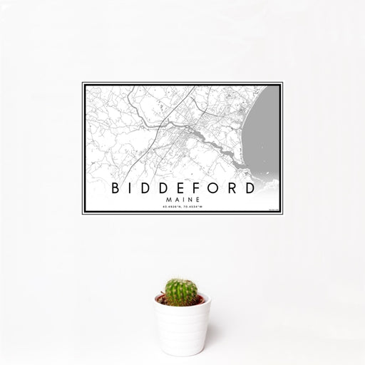 12x18 Biddeford Maine Map Print Landscape Orientation in Classic Style With Small Cactus Plant in White Planter