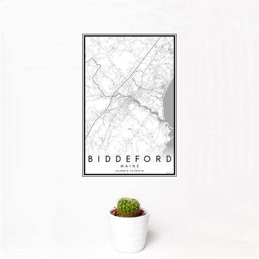 12x18 Biddeford Maine Map Print Portrait Orientation in Classic Style With Small Cactus Plant in White Planter