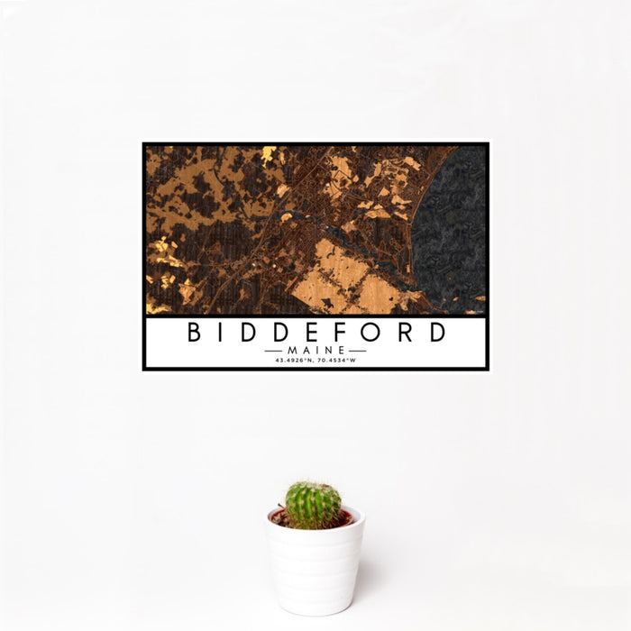 12x18 Biddeford Maine Map Print Landscape Orientation in Ember Style With Small Cactus Plant in White Planter