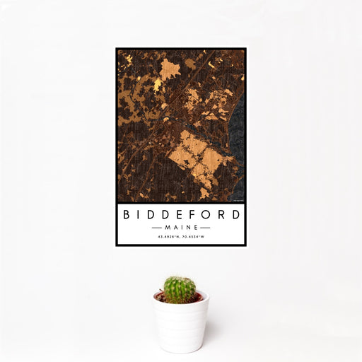12x18 Biddeford Maine Map Print Portrait Orientation in Ember Style With Small Cactus Plant in White Planter