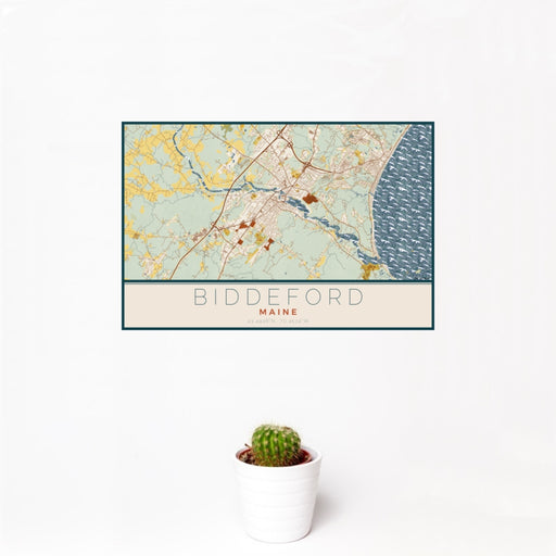 12x18 Biddeford Maine Map Print Landscape Orientation in Woodblock Style With Small Cactus Plant in White Planter