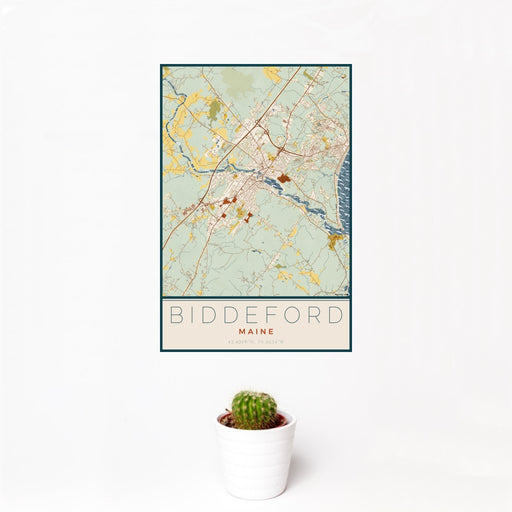 12x18 Biddeford Maine Map Print Portrait Orientation in Woodblock Style With Small Cactus Plant in White Planter