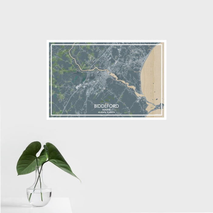 16x24 Biddeford Maine Map Print Landscape Orientation in Afternoon Style With Tropical Plant Leaves in Water
