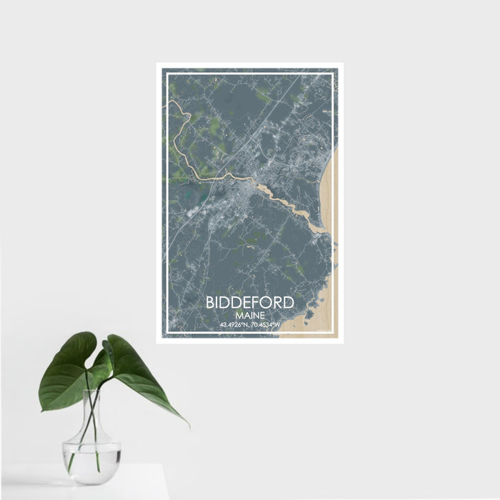 16x24 Biddeford Maine Map Print Portrait Orientation in Afternoon Style With Tropical Plant Leaves in Water