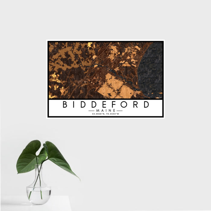 16x24 Biddeford Maine Map Print Landscape Orientation in Ember Style With Tropical Plant Leaves in Water