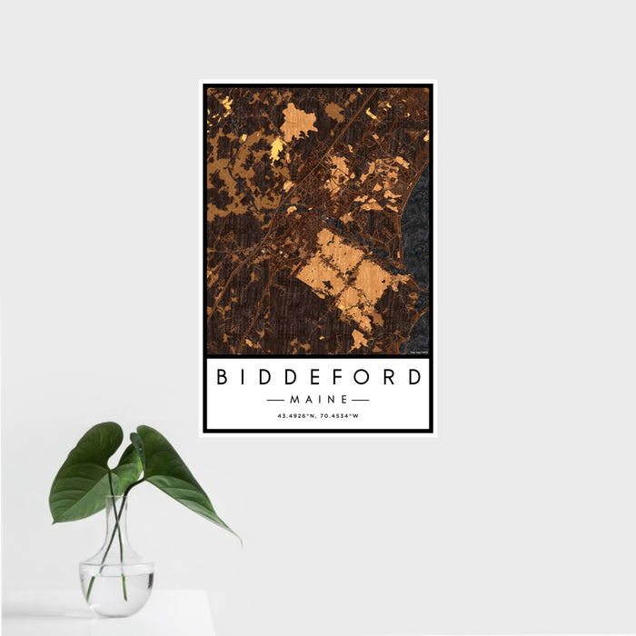 16x24 Biddeford Maine Map Print Portrait Orientation in Ember Style With Tropical Plant Leaves in Water