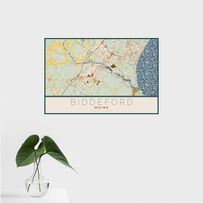 16x24 Biddeford Maine Map Print Landscape Orientation in Woodblock Style With Tropical Plant Leaves in Water